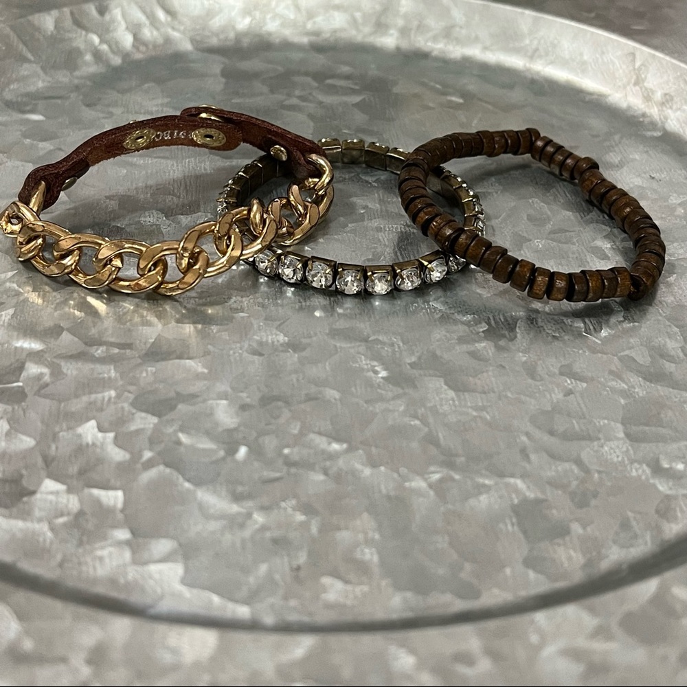 Gold Leather and Wood CZ Bracelet Trio, Costume Jewelry